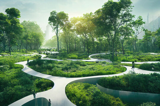 futuristic white city in the middle of the garden of eden, white towers and skyscrapers, beautiful lush green forest environment, walkways and rivers
