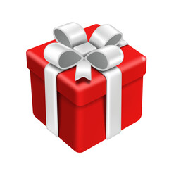 A red gift box tied with a white ribbon.