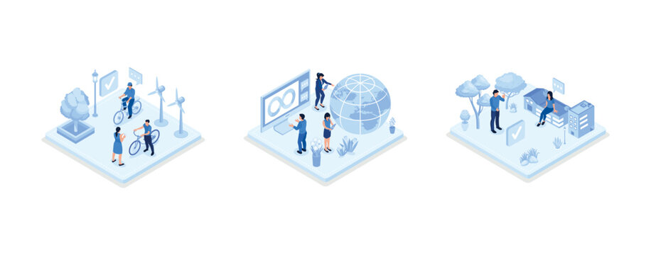 Circular Economy Illustration Set. Sustainable Economic Growth With Renewable Energy And Natural Resources. Green Energy, Sustainable Industry And Manufacturing Concept, Set Isometric Vector Illustrat