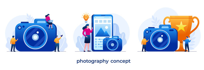 Photography concept, photo, editing, photograph competition, photographer, flat vector banner and background