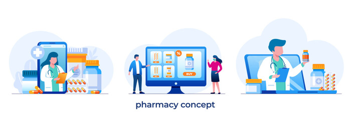 Pharmacy concept, medical, easy order and virtual consultation with doctor. flat vector illustration fit for flyer, banner and landing page