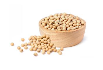 wooden bowl with soybean isolated on white