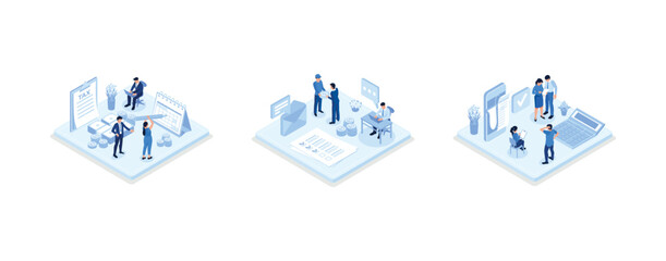 Characters choosing best candidate for job. Hr managers searching new employee. Recruitment process. Human resource management and hiring concept, set isometric vector illustration