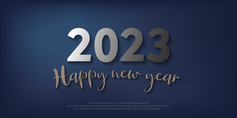 Happy New Year 2023. metal number and text on blue gradient background.