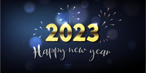 Fototapeta na wymiar Happy New Year 2023. gold metal number and text whit bokeh bubber and fireworks on blue gradient background.
