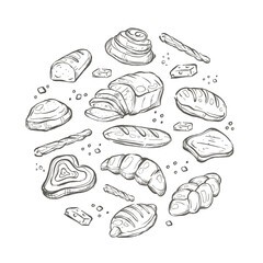 bread and pastry icon set with hand drawn