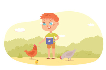 Obraz na płótnie Canvas Happy boy feeding rooster, hen and little chick in village vector illustration. Cartoon chicken family eating grains in nature, farm summer work to care livestock and poultry of cute kid farmer