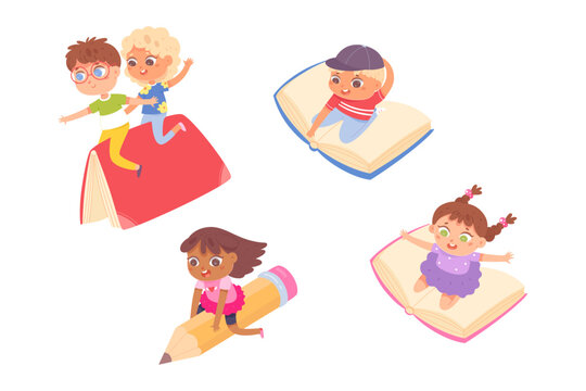 Children flying on books, pencil and notebooks set, isolated cute students fly in air