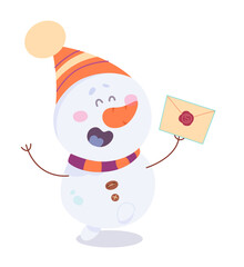 Cute happy snowman holding paper envelope, receiving Merry Christmas greeting card