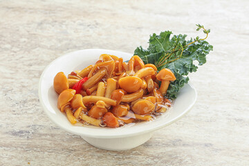 Wild pickled honey mushroom in the bowl