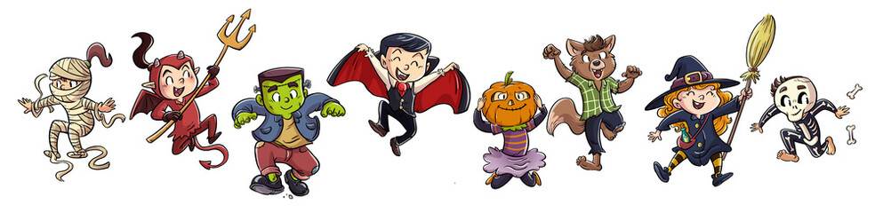 Illustration of different children with Halloween costumes