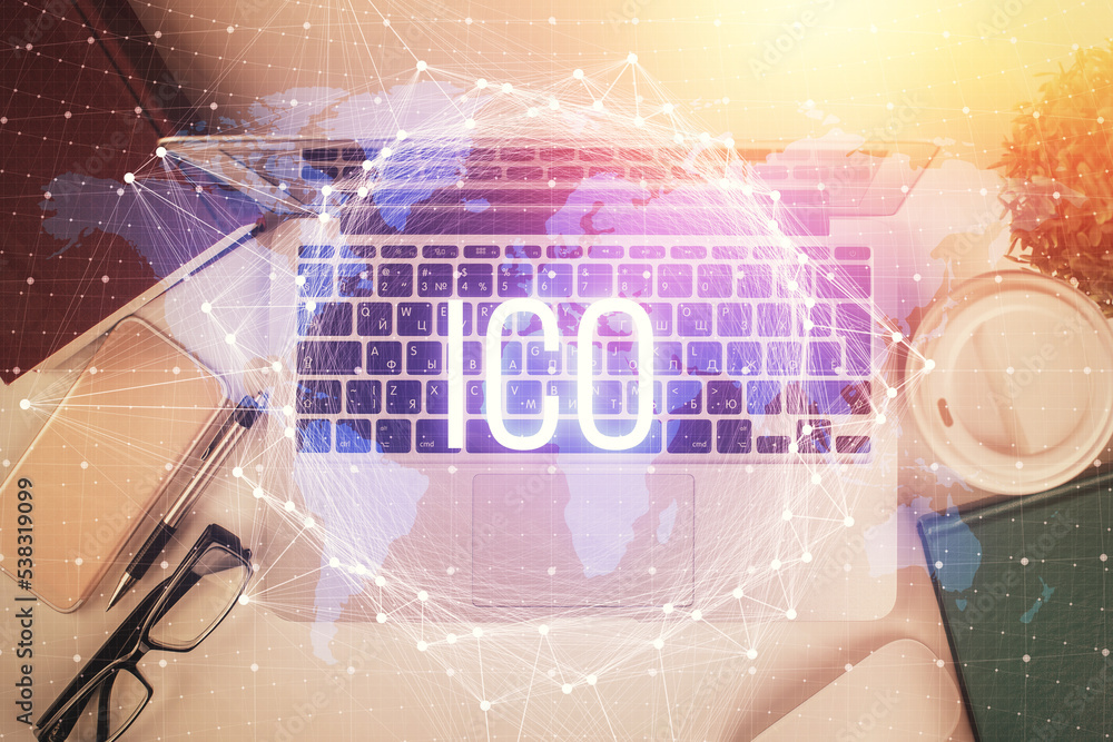 Poster Blockchain theme hologram drawings over computer on the desktop background. Top view. Double exposure.