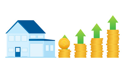 Illustration with house price up for concept design. Profit growth progress. Business concept. Business graph.