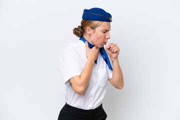 Airplane blonde stewardess woman isolated on white background is suffering with cough and feeling bad