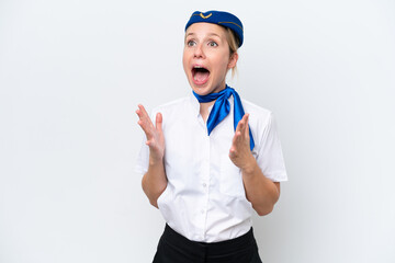 Airplane blonde stewardess woman isolated on white background with surprise facial expression