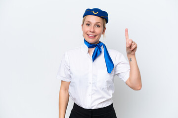 Airplane blonde stewardess woman isolated on white background showing and lifting a finger in sign of the best