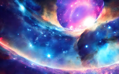 Fototapeta na wymiar Nebula galaxy clouds background with blue purple portal outer space 3D cosmos and beautiful universe stars at night. Elements of this image furnished by NASA