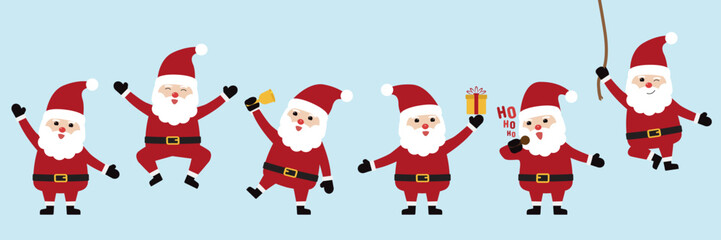Collection of Santa claus characters with different emotions isolated on blue background. Merry christmas and happy new year