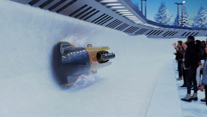 Bob running on ice track competition. Bobsleigh sport. Render 3D.