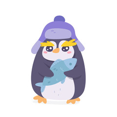 Cute penguin eating fish, funny happy animal character fishing and hunting in winter