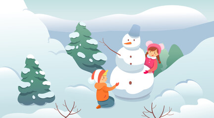 Cute happy friends play outdoor in Christmas winter season, two kids building snowman