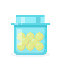 Plastic bottle with pills, blue container with pharmaceutical product, yellow tablets