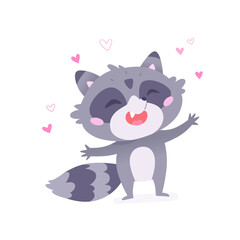 Cute raccoon with red and pink hearts, funny racoon with tail, paws and amusing face