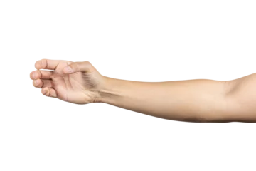 Fotobehang Man hand show holding something like a bottle isolated on white background. Clipping path included © sichon