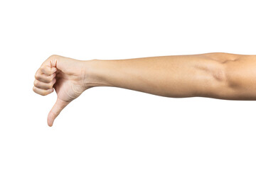 Man hand showing disagreement or dislike isolated on white background. Clipping path included