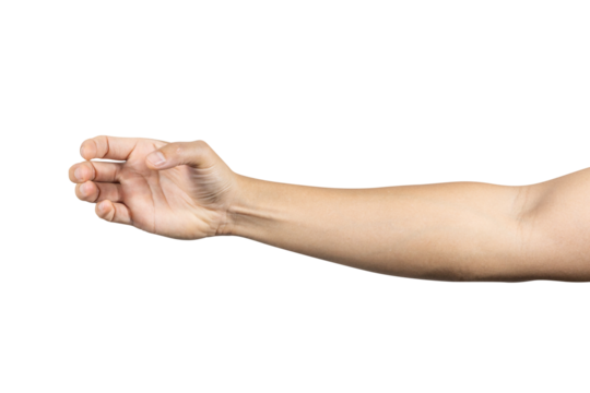 Man hand show holding something like a bottle isolated on white background. Clipping path included