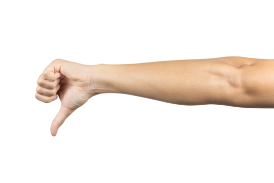 Man hand showing disagreement or dislike isolated on white background. Clipping path included