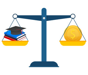 Concept of investment in education with coins books and scales. Vector stock illustration.