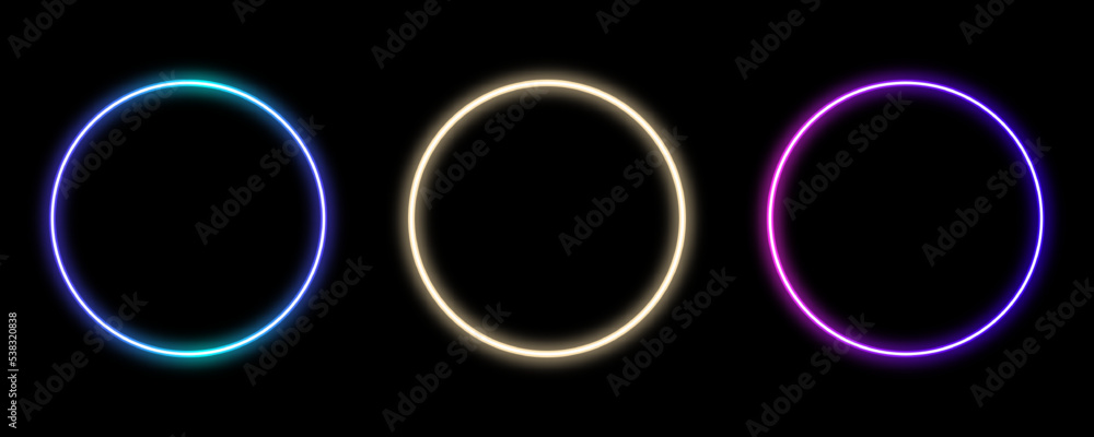 Poster set of a three-circle frame design concept. abstract neon light creative border isolated on black ba