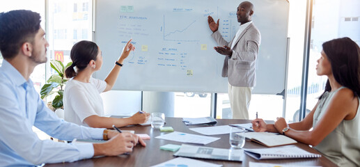 Presentation, finance and training with a team in a meeting for growth, future development or...