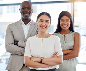 Business people, office team and arms crossed, diversity or portrait of smiling successful group. Happy, startup and diverse colleagues with vision, mission or goal motivation for company success