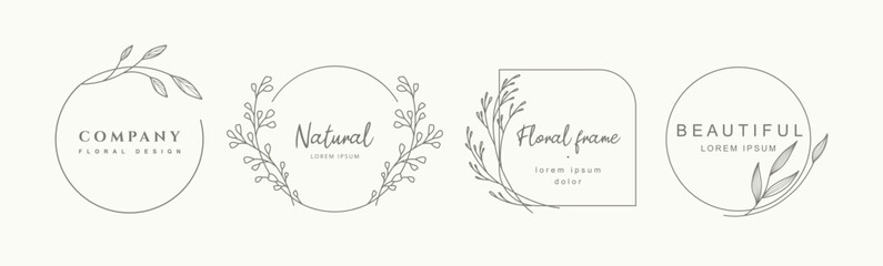 Logo templates in minimal linear style with hand drawn flowers,leaves and branch.Elegant floral frame. Delicate botanical trendy vector illustration for labels, corporate identity, wedding invitation