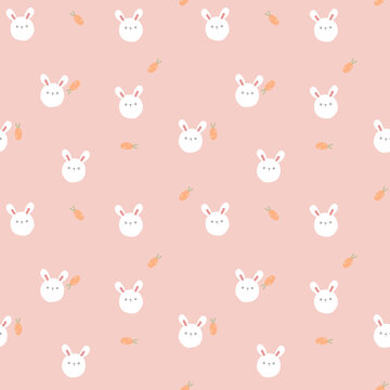 seamless cute animal pet bunny rabbit head repeat pattern with carrot  in pink background, flat vector illustration cartoon charater design