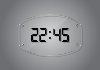 Digital clock, black lettering, rounded square glass, three-dimensional pattern, illustration and technology.