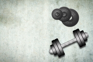 Obraz na płótnie Canvas Dumbbells with discs of different weights, on a concrete background. Copy space. Place for text. Sports equipment, gym, fitness. Sports
