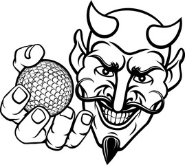 A devil or satan golf sports mascot cartoon character holding a ball