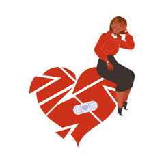 Relationship Problems with Woman Sitting on Broken Red Heart Suffering from Troubles in Relation Vector Illustration