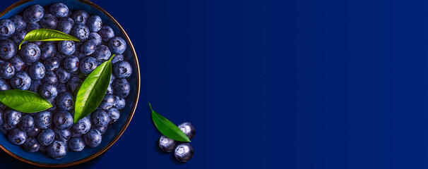 Blueberries with green leaves in a bowl, on a dark blue background.Copy space. Banner. Healthy food. Diet. Top view.