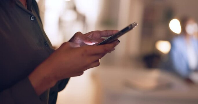 Night, phone and hands of woman typing social media, social network app or online blog post. Mobile smartphone girl check email, internet web search or contact taxi transport service for city travel