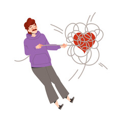Mustached Man Pulling Entangled Around Heart Rope Having Relationship Problems Vector Illustration