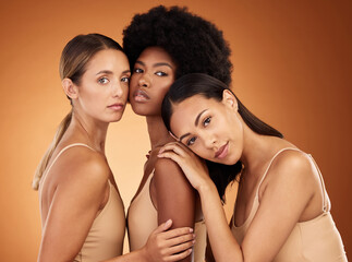 Beauty, diversity or self love portrait of women with facial cosmetics product, makeup or natural skincare. Group of people, woman empowerment and relax face of self care girl with wellness body care