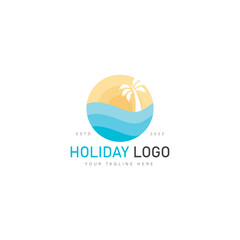 Circle with sea, coconut trees and sunset logo design icon illustration