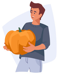 Autumn fair. Man with pumpkins. PNG image.