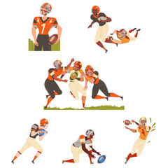 Fototapeta premium Man Rugby Player Playing American Football Game Running with Oval Ball Vector Set