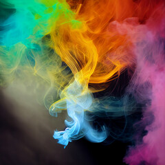 Obraz premium Smoke of various colors has a red-yellow-blue color on a dark background.