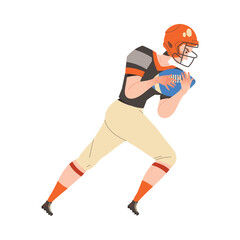 Fototapeta na wymiar Man Rugby Player in Helmet and Uniform Playing American Football Game Running with Oval Ball in Hand Vector Illustration